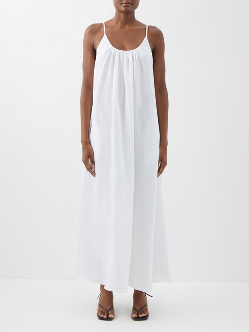Another Tomorrow - Gathered Scoop-back Organic-linen Dress White