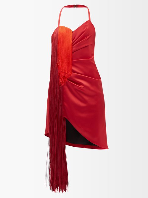 Halpern - Fringed Halterneck Satin Mini Dress Red