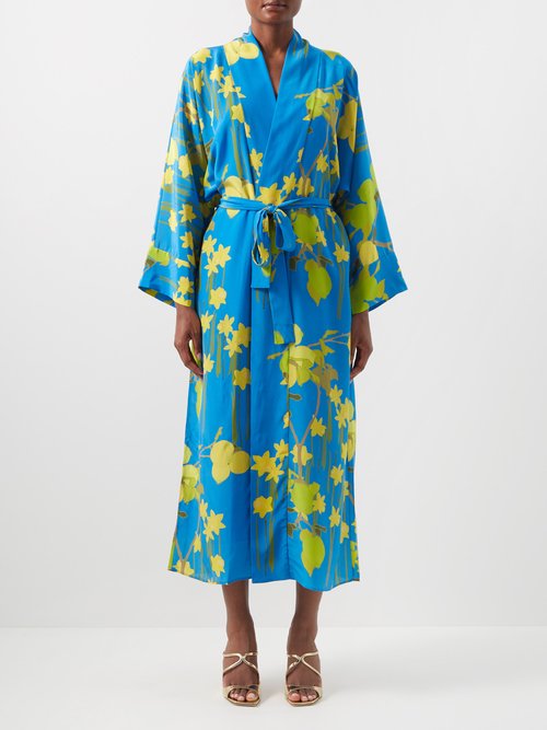 Bernadette - Floral-print Silk Robe - Womens - Blue Floral