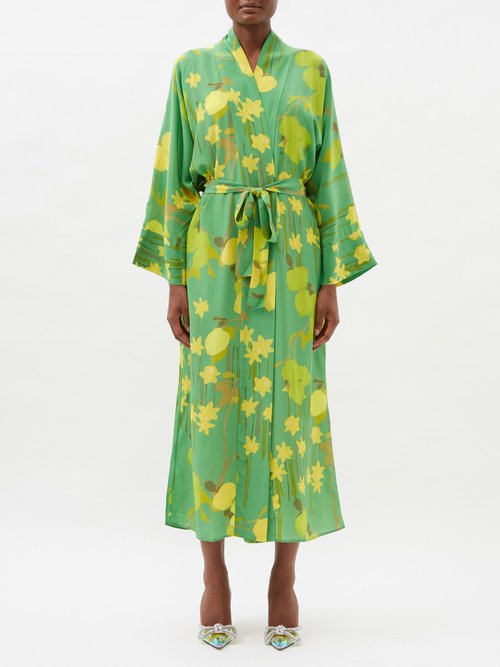 Bernadette - Floral-print Silk Robe - Womens - Green Multi
