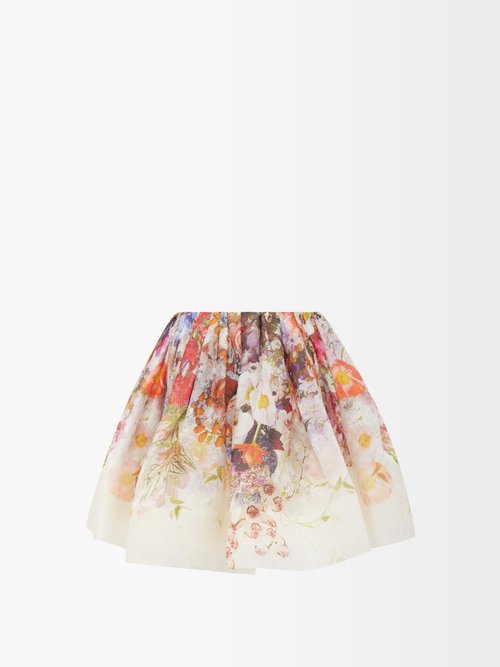 Zimmermann - Prima Floral-print Gathered Linen-blend Mini Skirt - Womens - Ivory Multi