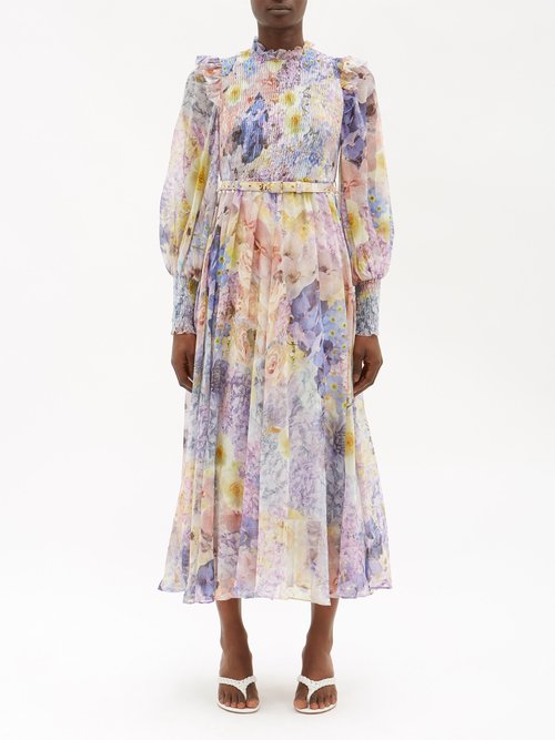 Zimmermann - Rhythmic Shirred Floral-print Midi Dress - Womens - Blue Print