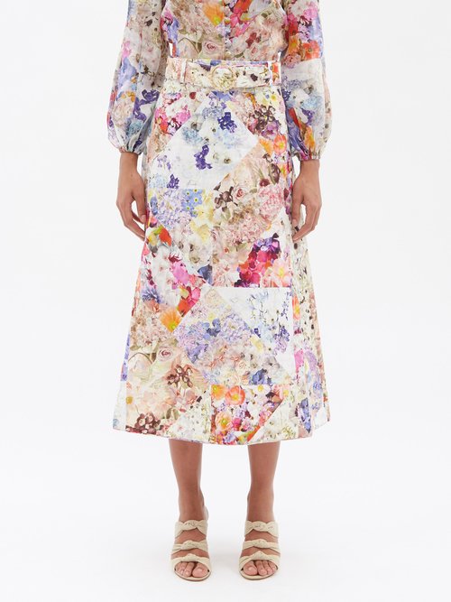 Zimmermann - Prima Belted Floral-print Linen Midi Skirt - Womens - Floral