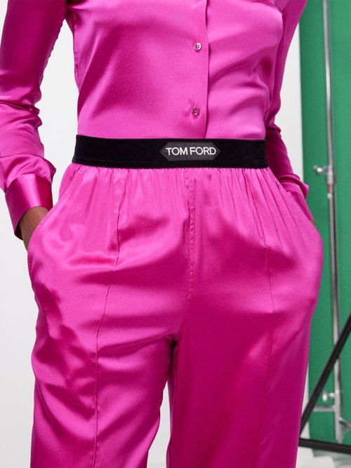Shop Tom Ford Logo-waistband Silk-blend Trousers In Pink