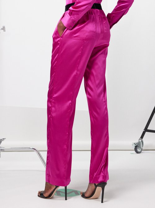 Shop Tom Ford Logo-waistband Silk-blend Trousers In Pink
