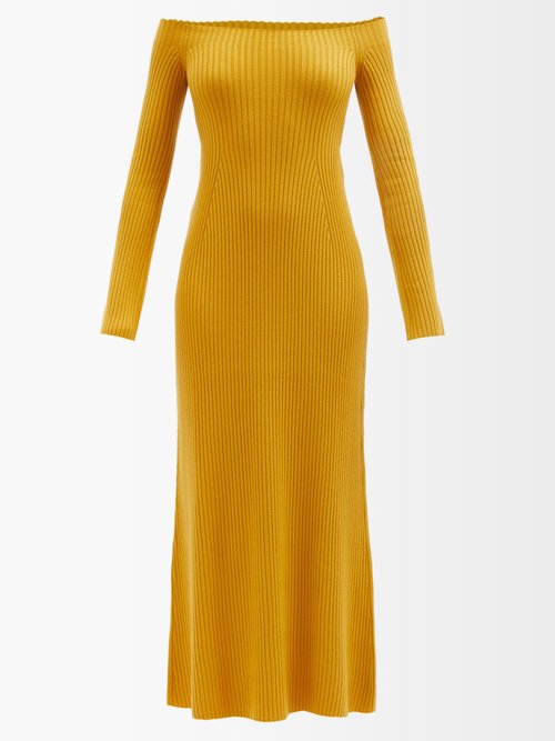 Chloé – Off-the-shoulder Ribbed Wool-blend Dress Yellow