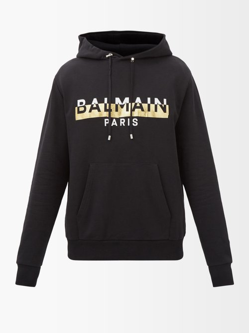 Balmain - Foil-logo Cotton-jersey Hooded Sweatshirt - Mens - Black Gold