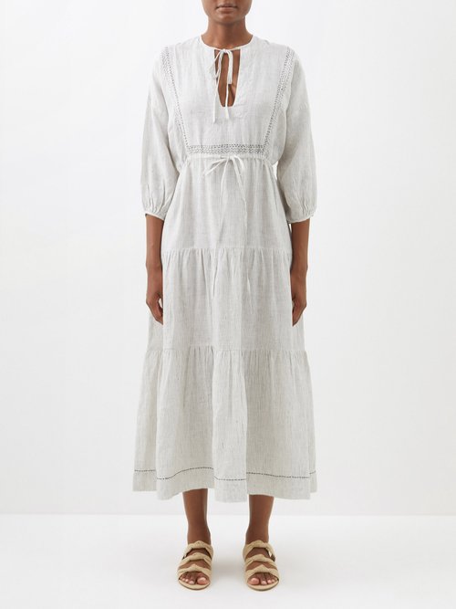 Wiggy Kit Ines Striped Linen Midi Dress In White Black | ModeSens