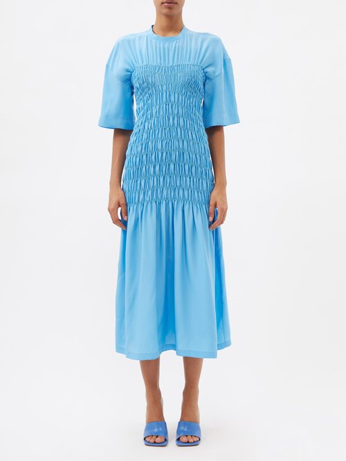 Stella Mccartney – Shirred Silk-satin Midi Dress Blue