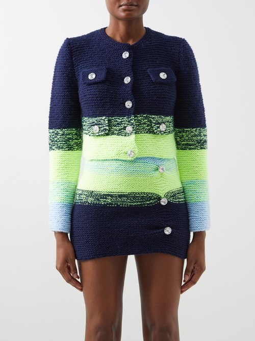 Germanier - Collarless Stripe-knit Jacket Green Multi