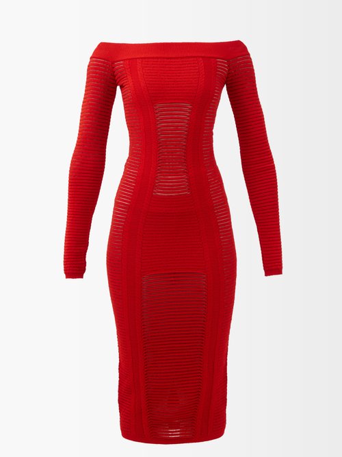 Balmain - Cutout-rib Off-the-shoulder Knitted Dress Red