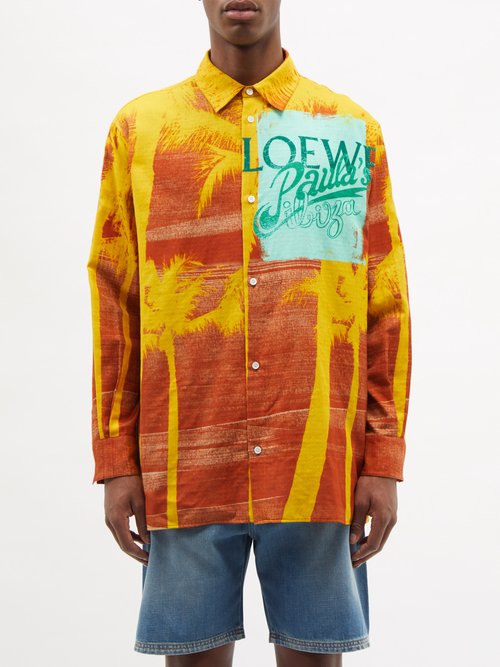 loewe paula's ibiza - palm and logo-print cotton shirt mens yellow multi