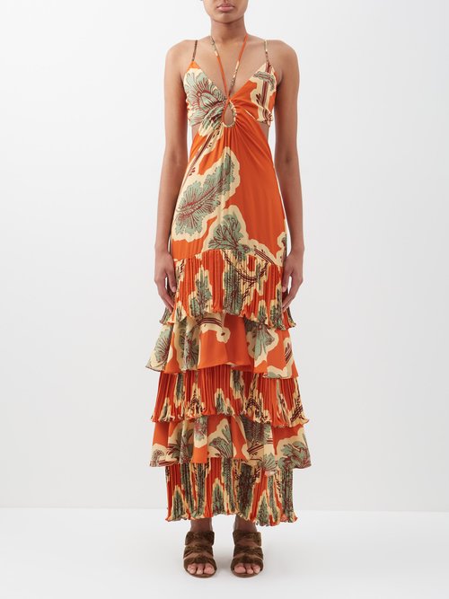 Johanna Ortiz - Naranjo Cutout Tiered Floral-print Dress Orange Multi