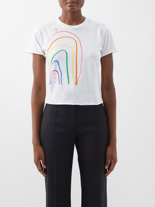 Rainbow-print Cropped Organic-cotton T-shirt