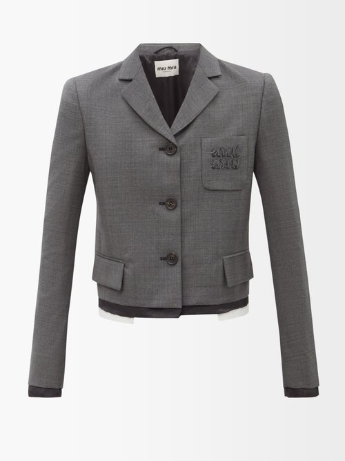 Miu Miu - Prince Of Wales-check Cropped Wool Jacket - Womens - Grey