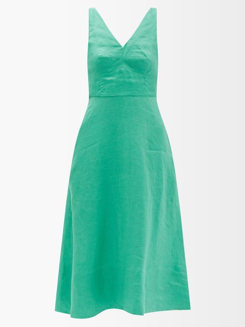 Buy Saloni - Rachel Bow-embellished Cutout Linen Midi Dess Green online - shop best Saloni clothing sales