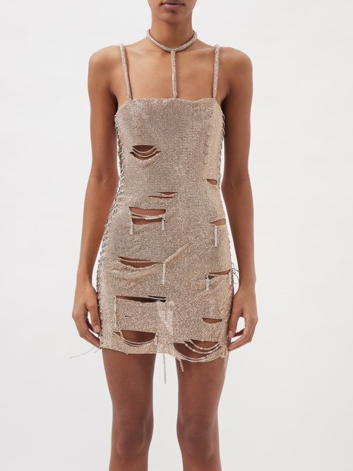 Lace-up Cutout Crystal-mesh Dress
