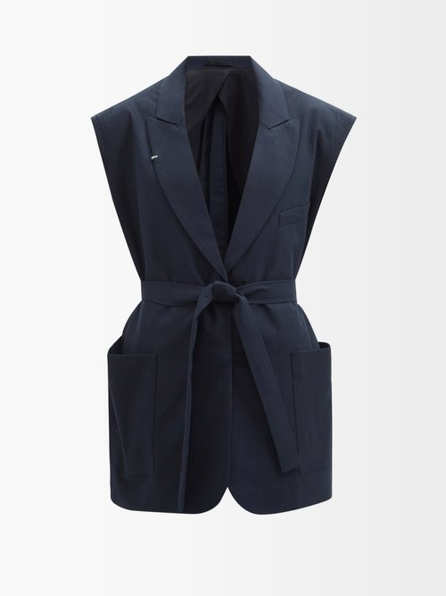 Buy Raey - Sleeveless Slash-back Cotton Belted Jacket Navy online - shop best Raey clothing sales
