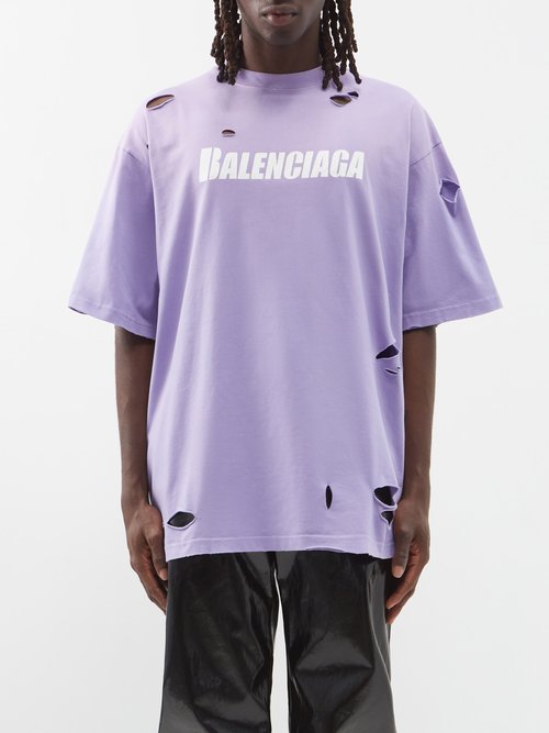 Balenciaga - Men - Oversized Distressed logo-print Cotton-jersey Hoodie Purple - L