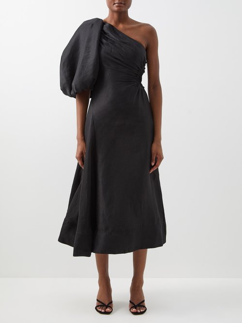 Aje One-shoulder Cutout Linen-blend Dress In Black | ModeSens