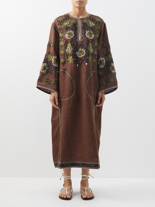 Vita Kin - Milena Floral-embroidered Linen Kaftan Dress Brown Multi