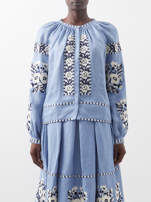 Vita Kin - Kristinka Embroidered-linen Blouse Blue Multi