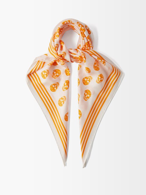 Alexander Mcqueen - Skull-print Silk Scarf - Womens - Orange White