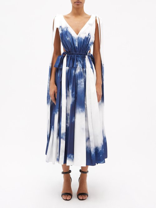 Alexander Mcqueen - Tie-dyed Gathered Poplin Mini Dress - Womens - Blue White
