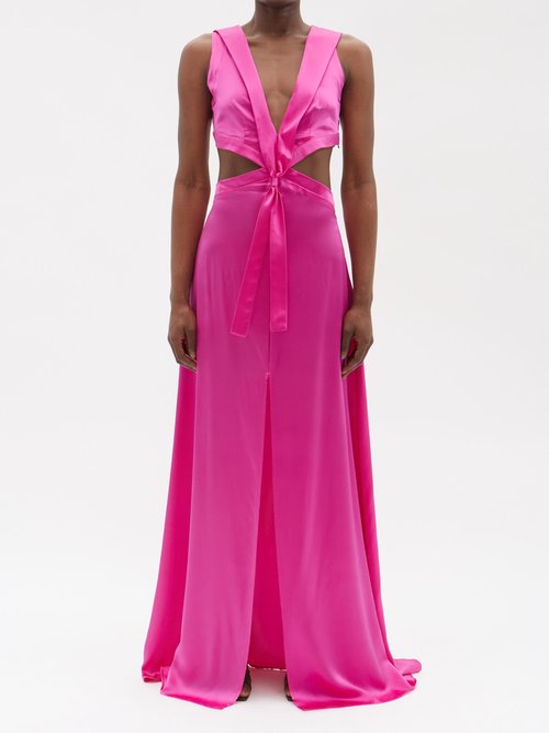 House Of Aama - Cutout-waist Side-slit Silk-satin Maxi Dress Pink