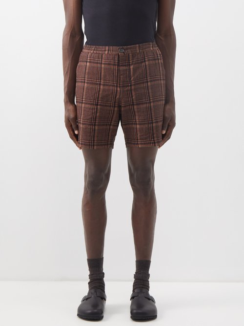 oliver spencer - osbourne check linen and cotton hopsack shorts mens brown