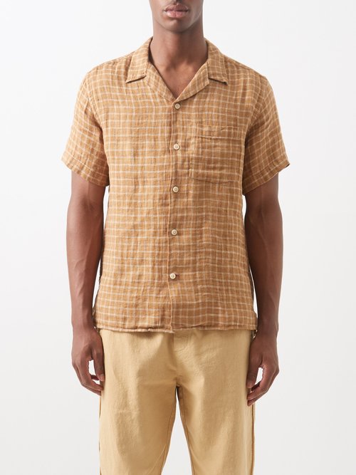 oliver spencer - havana short-sleeved check linen shirt mens orange