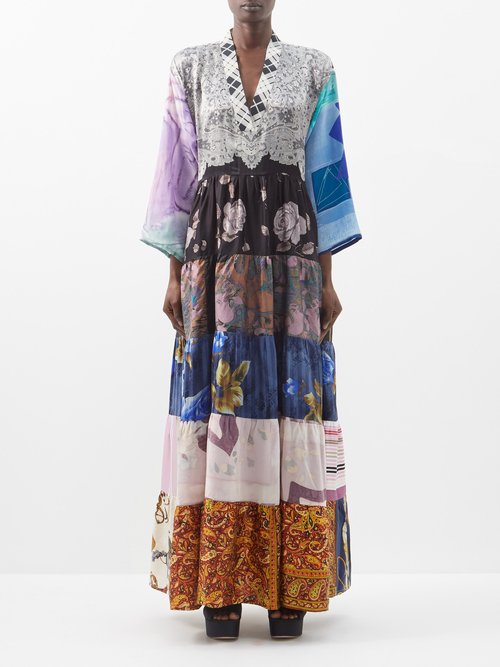 Rianna + Nina - Patchworked Vintage Silk Maxi Dress Multi
