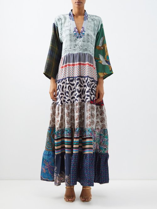 Rianna + Nina - Volant Patchworked Vintage-silk Maxi Dress - Womens - Multi