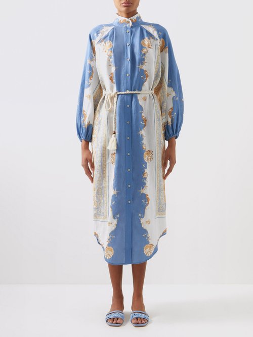 Ale Mais Ursula Baroque-print Linen-voile Shirt Dress In Blue Print