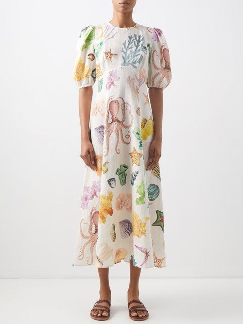 Ale Mais Adella Atlantis-print Linen-voile Midi Dress In Cream Print