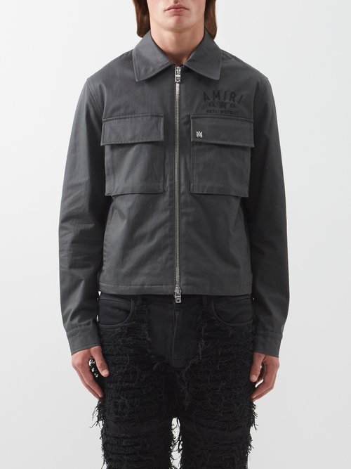 amiri - logo-embroidered pilled cotton-blend twill jacket mens dark grey