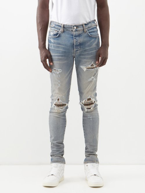 amiri - plaid-patch distressed jeans mens blue