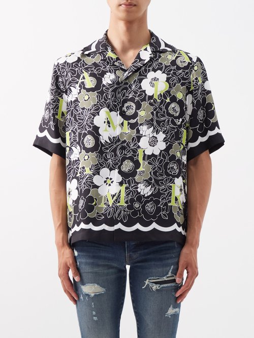 amiri - floral-logo silk short-sleeved shirt mens black