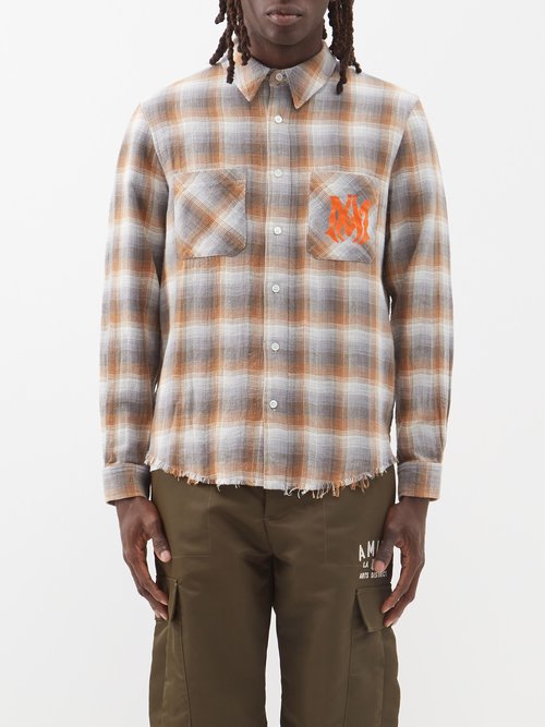 amiri - logo-print check cotton shirt mens orange multi