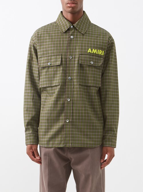 amiri - logo-print check padded-twill overshirt mens dark khaki