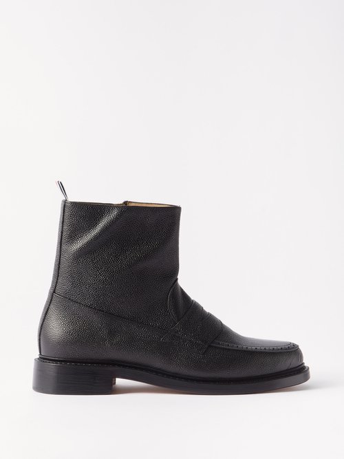 Thom Browne Leather Tricolour-trim Penny Loafer Ankle Boots In Black