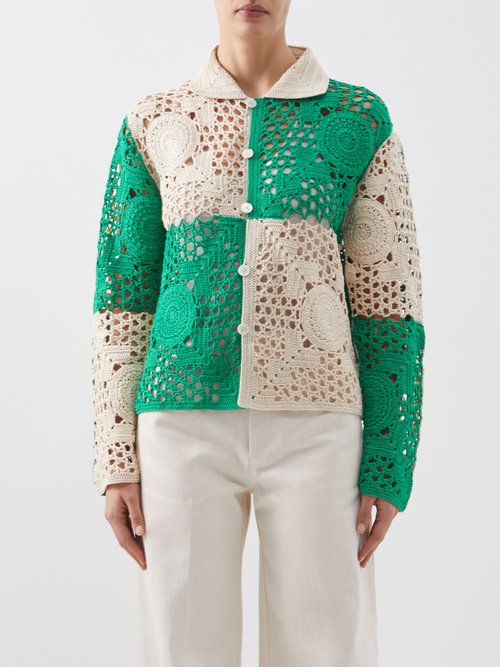 Bode - Two-tone Crochet Cotton Overshirt - Womens - Green Multi