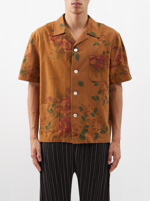 Bode - Floral-print Vintage-cotton Short-sleeved Shirt - Mens - Orange