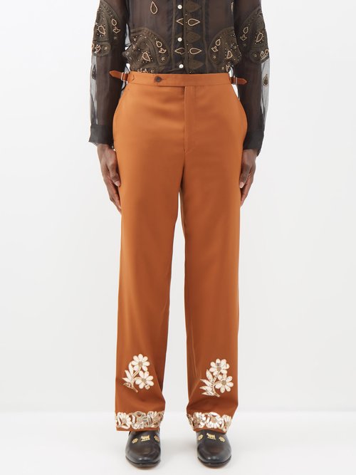 Bode - Gilded Floral-appliqué Wool Trousers - Mens - Orange