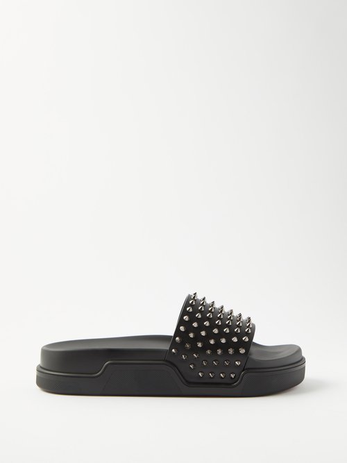 Pool Fun Studded Leather Slides In Black