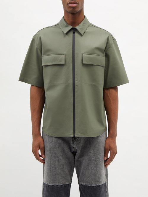 Frame - Zipped Leather Short-sleeved Shirt - Mens - Green