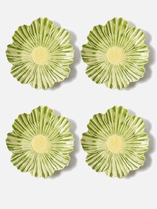 Bordallo Pinheiro - Set Of Four Daisy Earthenware Dessert Plates - Green Multi