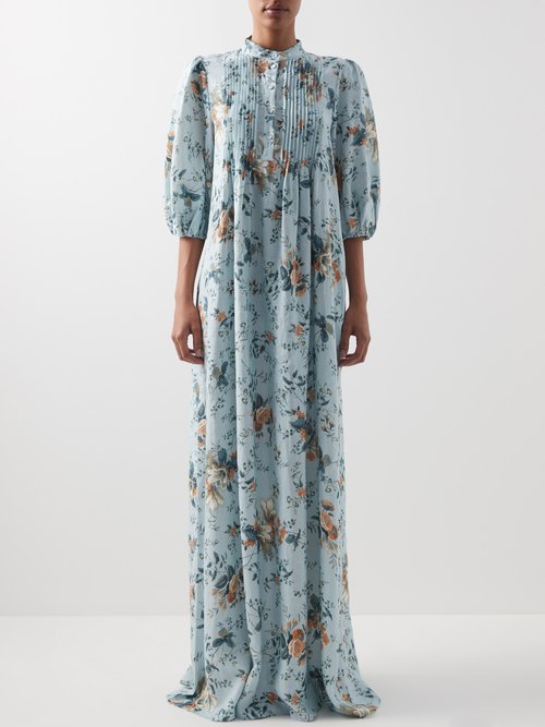 Erdem - Vacation Mustique Floral Linen Maxi Dress Blue Print