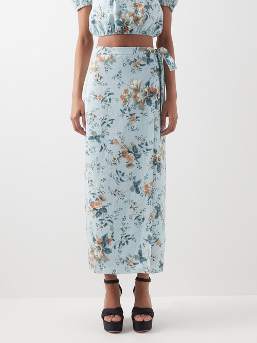 Erdem Vacation Hermia Floral-print Linen Wrap Skirt
