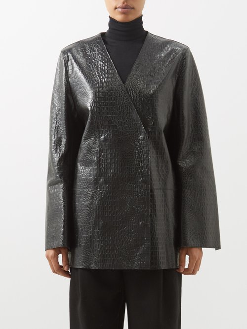 Toteme V-neck Crocodile-effect Leather Blazer